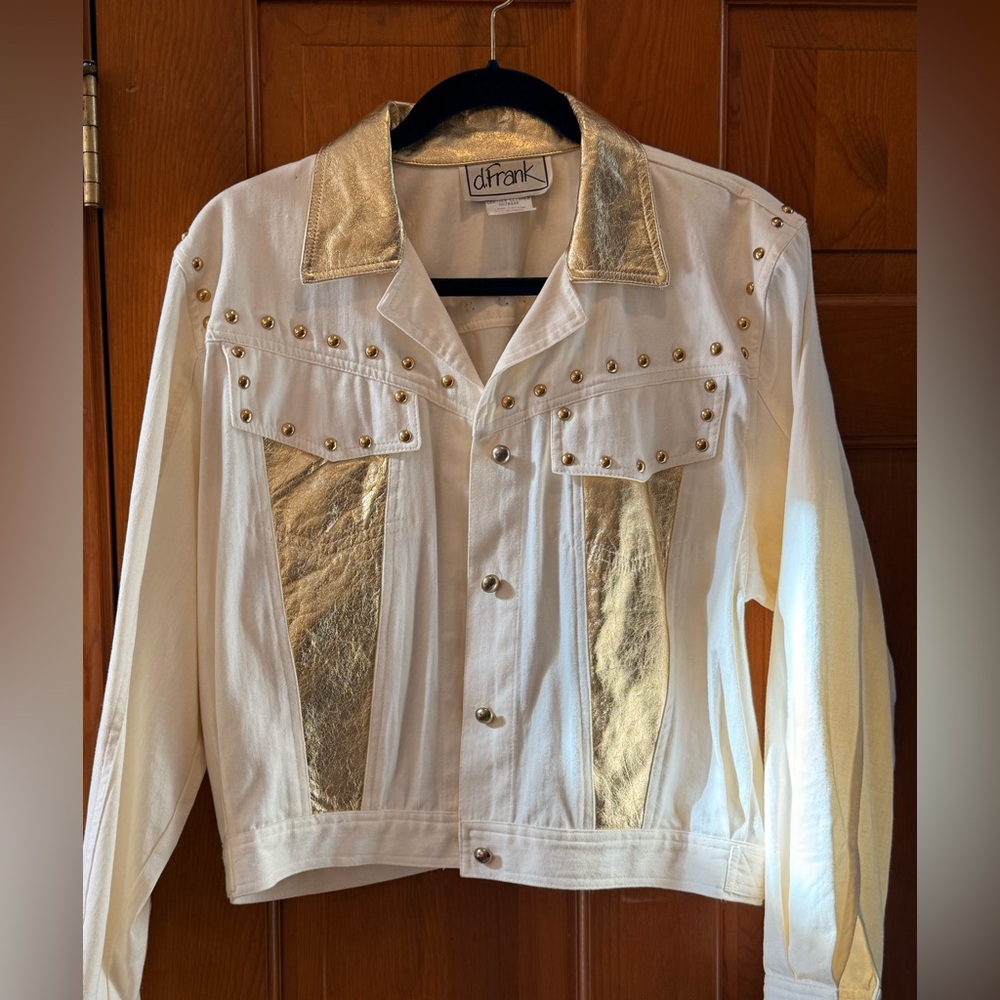 Women's White and Gold Studded Leather Jean Jacket
